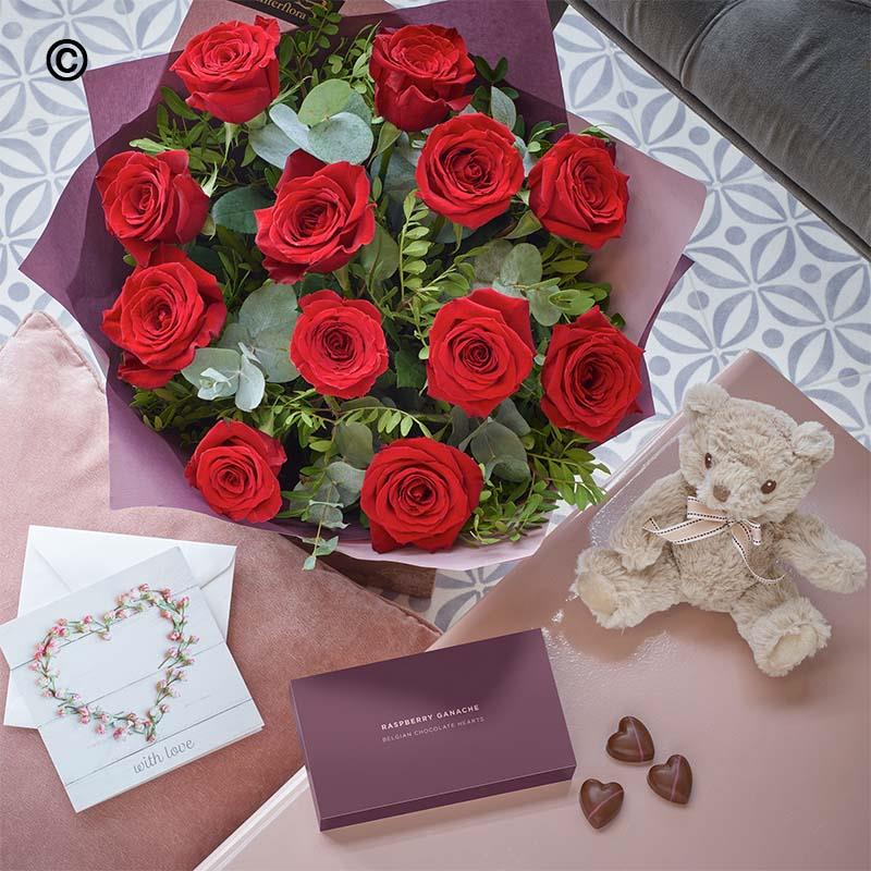 Valentine's Dozen Large-headed Red Roses Cute Gift Set